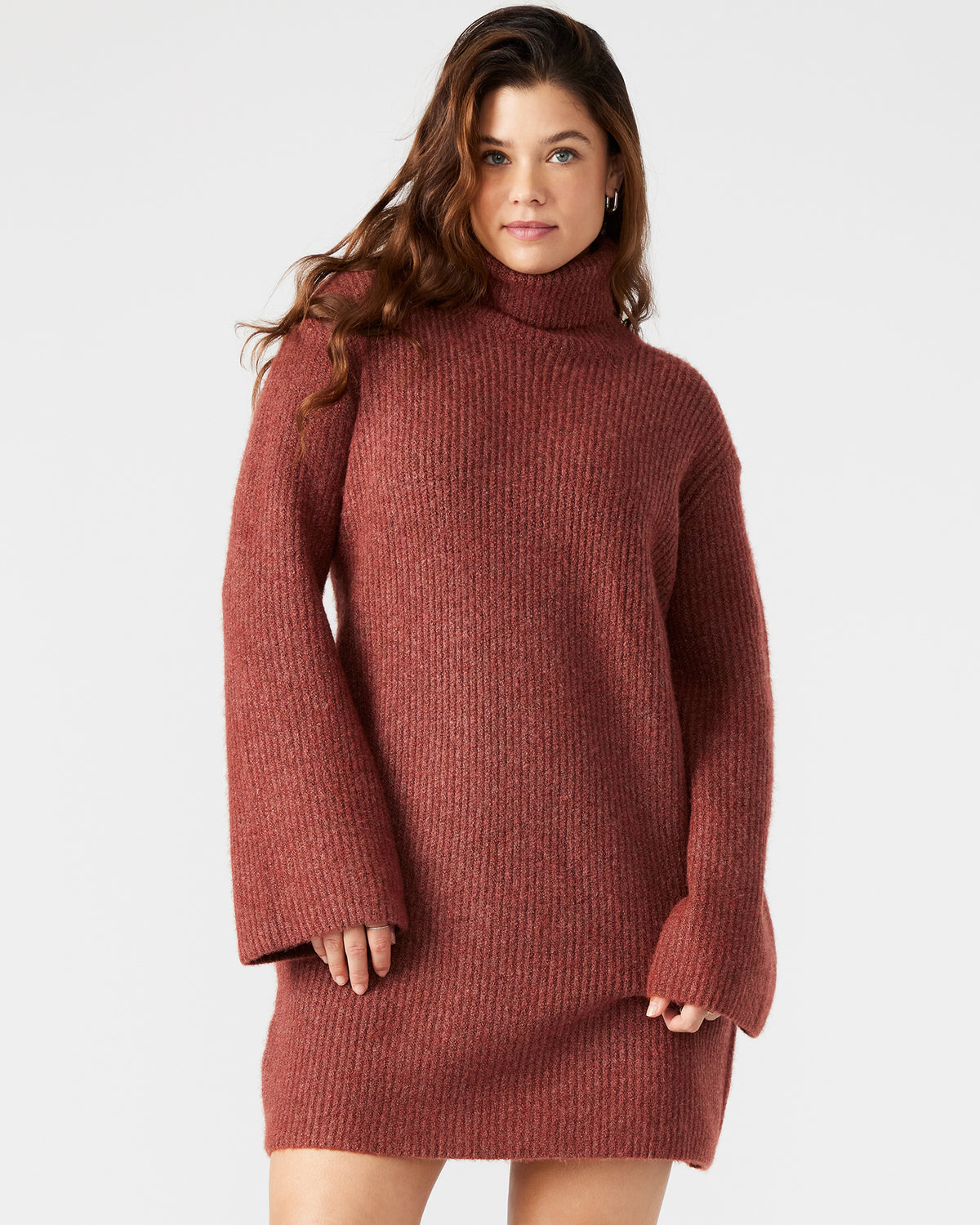 ABBIE Sweater Dress Rust | Mini Turtleneck Flared Sleeve Dress Steve Madden RUST FABRIC