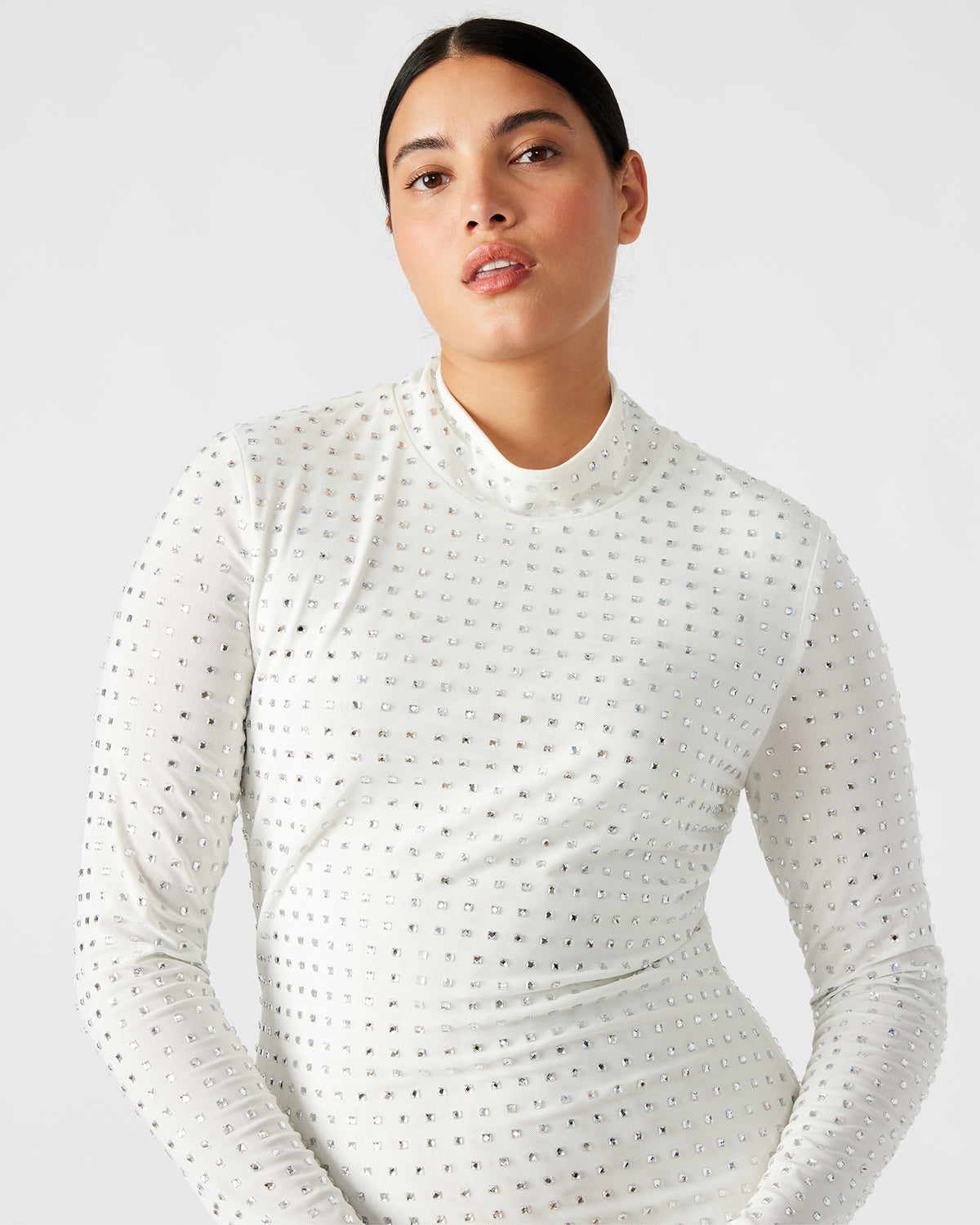KRISTA Dress White | Women's Long-Sleeved Bodycon Rhinestone Mini Dress Steve Madden WHITE