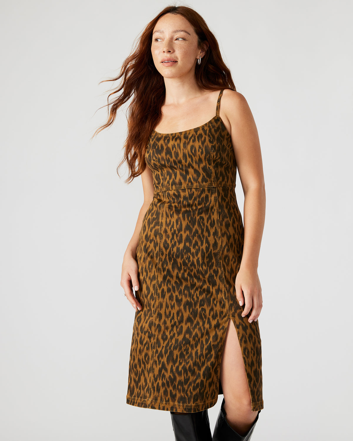 GISELLE Leopard Women's Midi Women's Dress with Slit Steve Madden LEOPARD