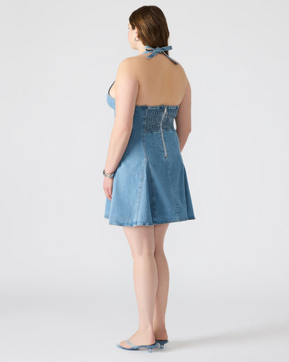 MALIA Denim Women's Halter Back Neck Tie Mini Dress Steve Madden DENIM FABRIC