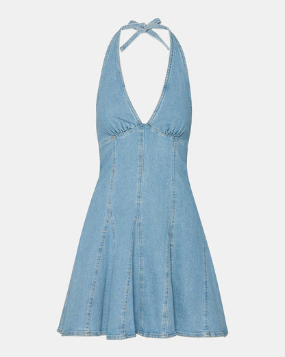 MALIA Denim Women's Halter Back Neck Tie Mini Dress Steve Madden DENIM FABRIC