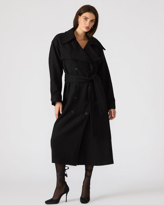 ENORA Black Long-Sleeved Button-Up Collared Women's Trench Coat Steve Madden BLACK