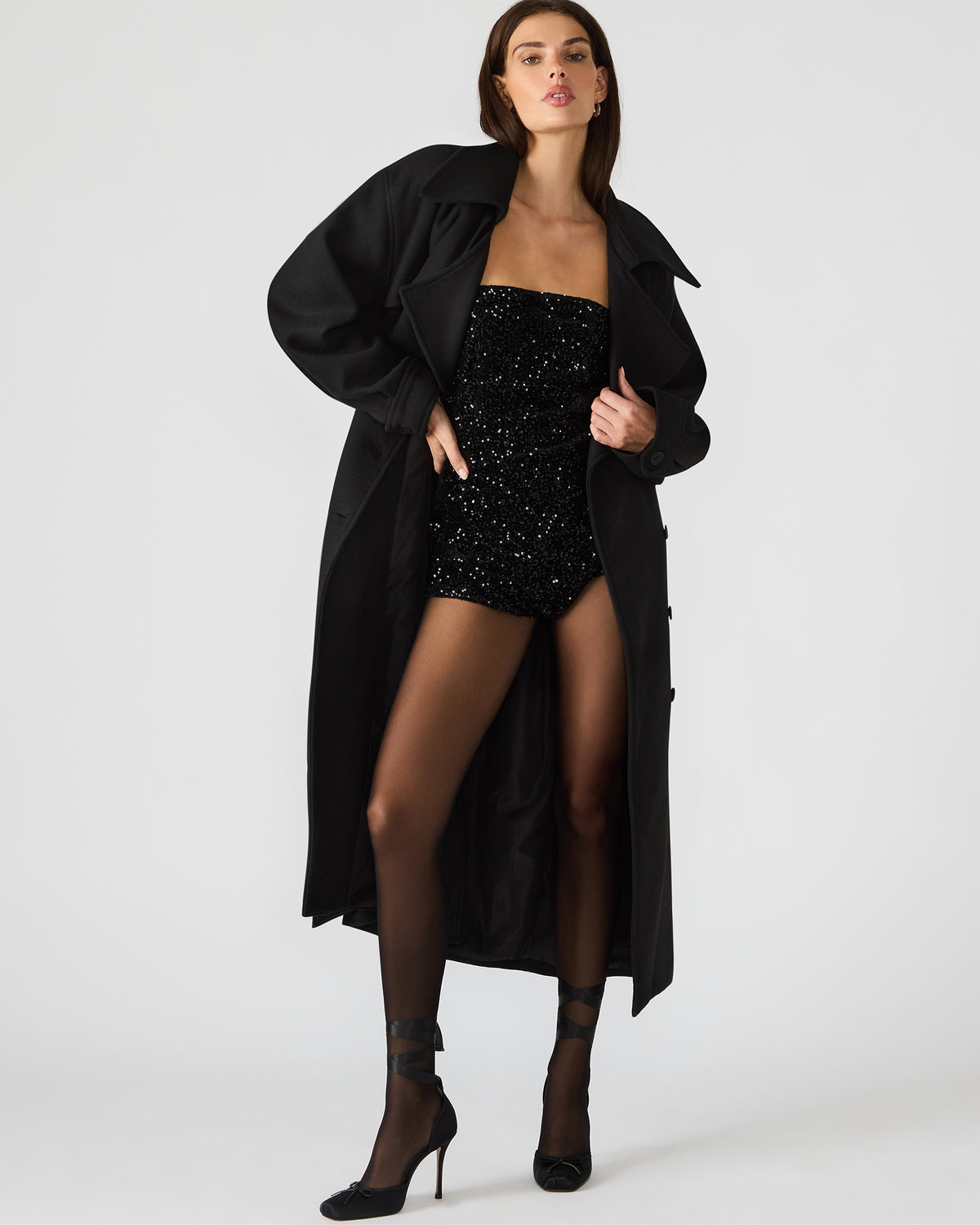 ENORA Black Long-Sleeved Button-Up Collared Women's Trench Coat Steve Madden BLACK