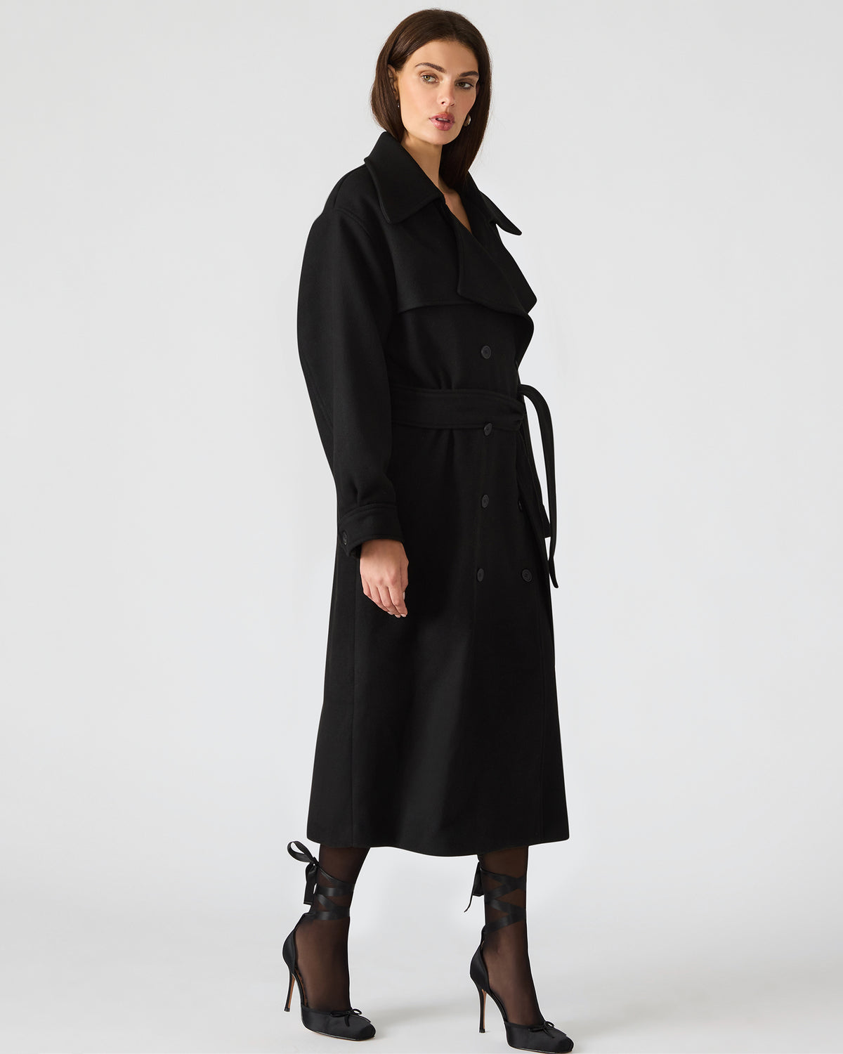 ENORA Black Long-Sleeved Button-Up Collared Women's Trench Coat Steve Madden BLACK