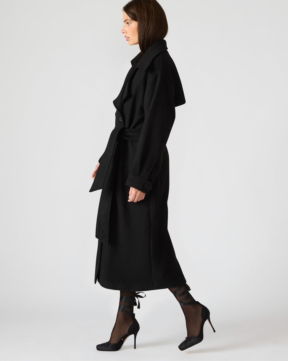 ENORA Black Long-Sleeved Button-Up Collared Women's Trench Coat Steve Madden BLACK