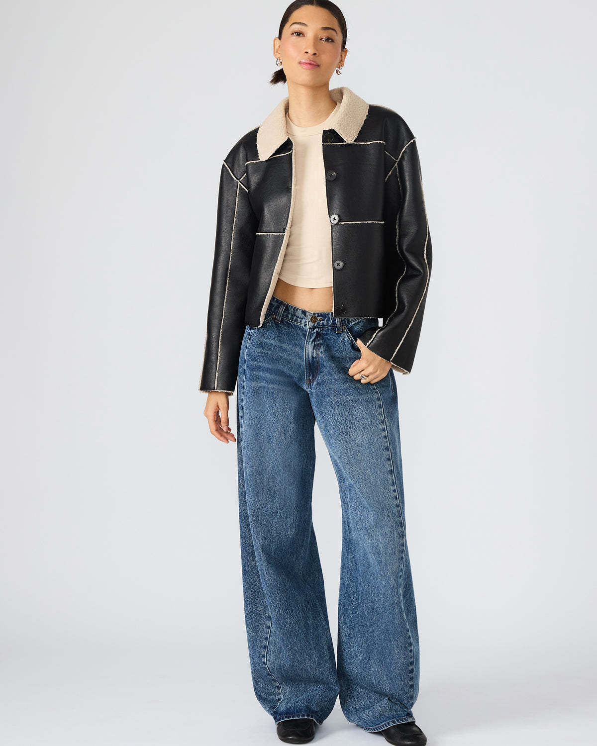 TILIA Black Long-Sleeved Faux Leather Button-Up Faux Fur Women's Coat Steve Madden BLACK