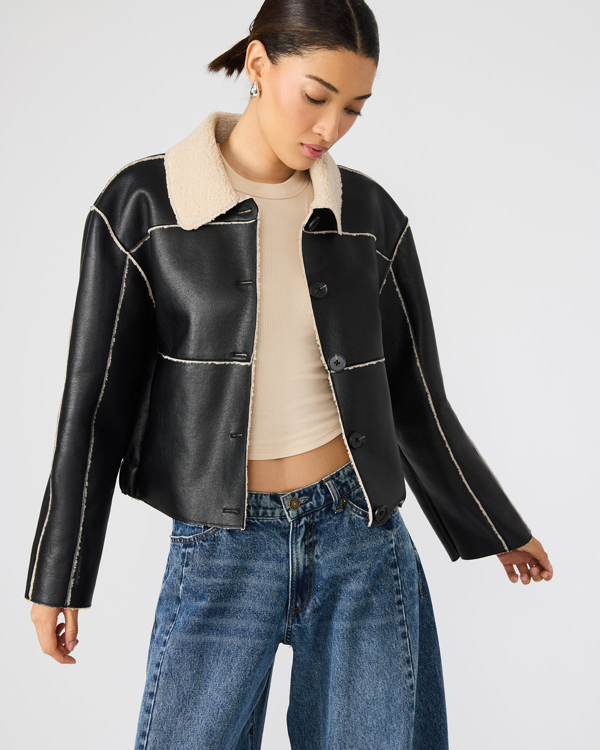 TILIA Black Long-Sleeved Faux Leather Button-Up Faux Fur Women's Coat Steve Madden BLACK