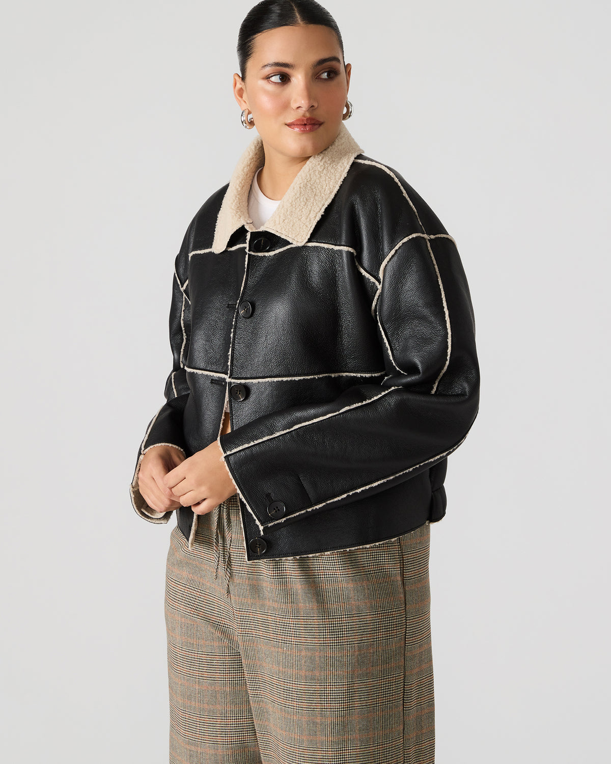 TILIA Black Long-Sleeved Faux Leather Button-Up Faux Fur Women's Coat Steve Madden BLACK