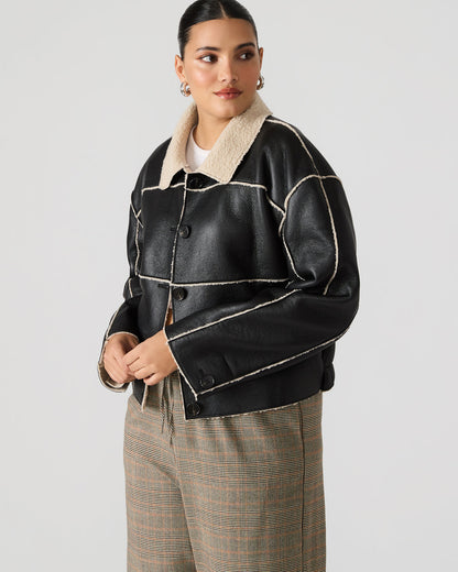 TILIA Black Long-Sleeved Faux Leather Button-Up Faux Fur Women's Coat Steve Madden BLACK