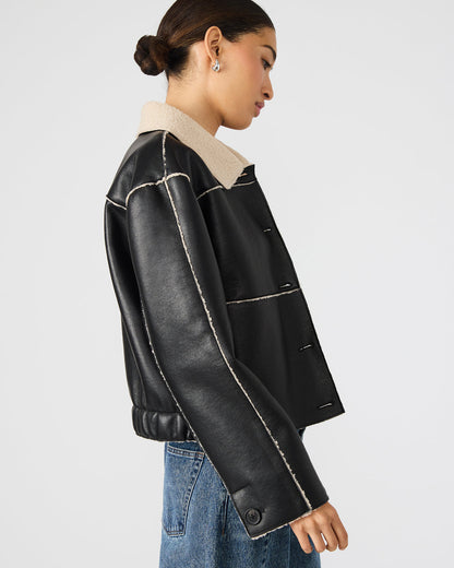TILIA Black Long-Sleeved Faux Leather Button-Up Faux Fur Women's Coat Steve Madden BLACK