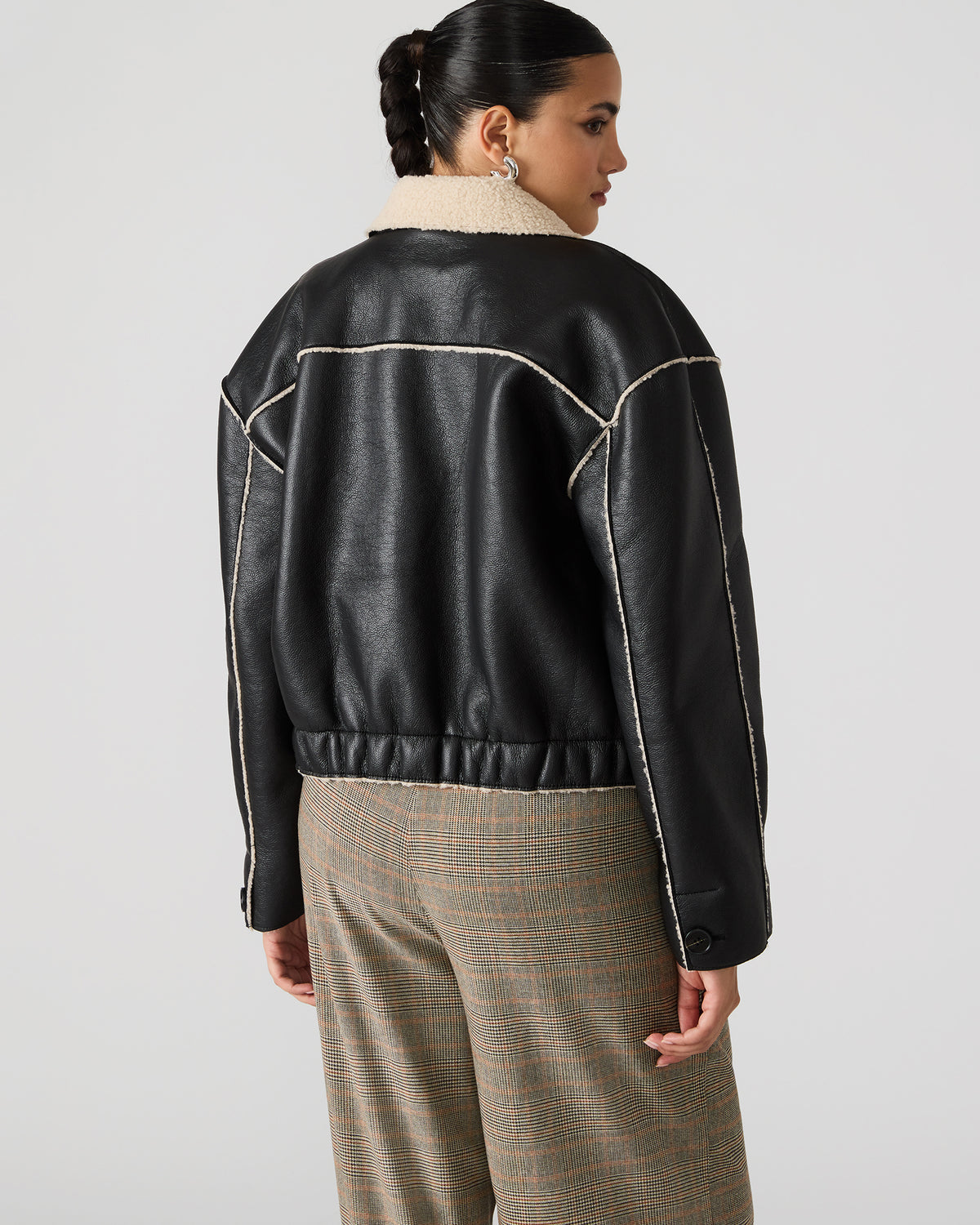 TILIA Black Long-Sleeved Faux Leather Button-Up Faux Fur Women's Coat Steve Madden BLACK