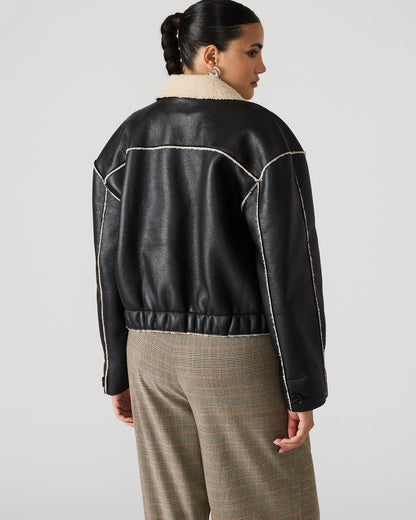 TILIA Black Long-Sleeved Faux Leather Button-Up Faux Fur Women's Coat Steve Madden BLACK
