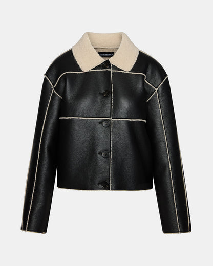 TILIA Black Long-Sleeved Faux Leather Button-Up Faux Fur Women's Coat Steve Madden BLACK