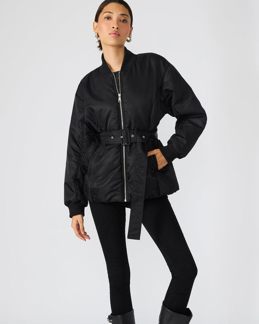 ERYN Black Long-Sleeved Puffer Belted Zip-Up Women's Jacket Steve Madden BLACK