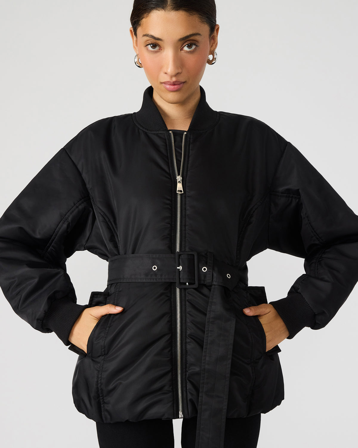 ERYN Black Long-Sleeved Puffer Belted Zip-Up Women's Jacket Steve Madden BLACK