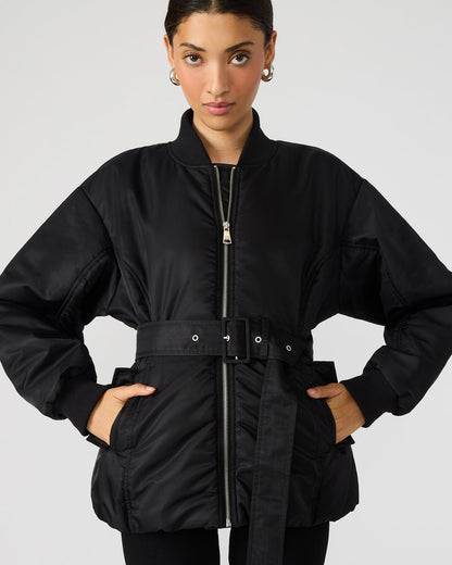 ERYN Black Long-Sleeved Puffer Belted Zip-Up Women's Jacket Steve Madden BLACK