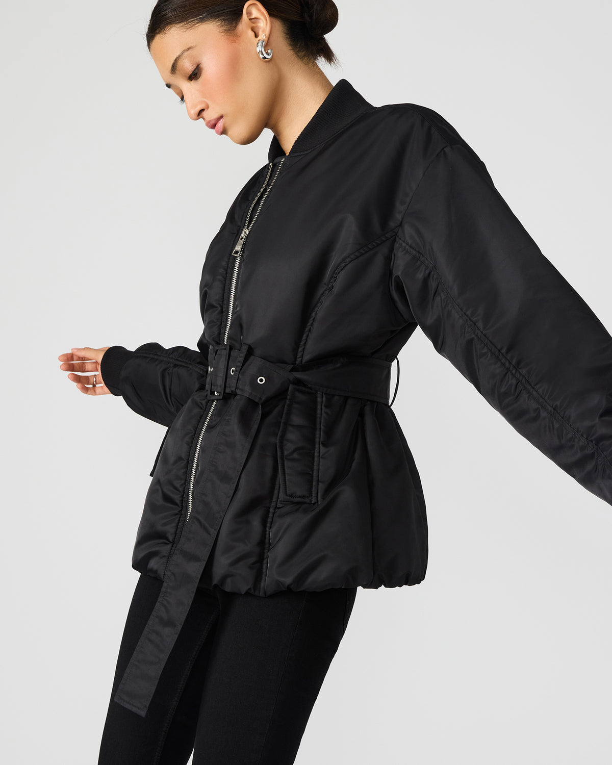 ERYN Black Long-Sleeved Puffer Belted Zip-Up Women's Jacket Steve Madden BLACK