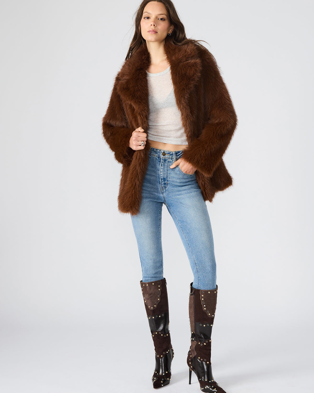 KINDRA Brown Faux Fur Collared Women's Coat Steve Madden BROWN
