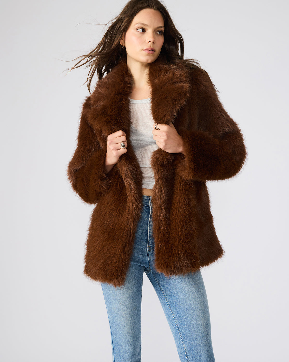 KINDRA Brown Faux Fur Collared Women's Coat Steve Madden BROWN