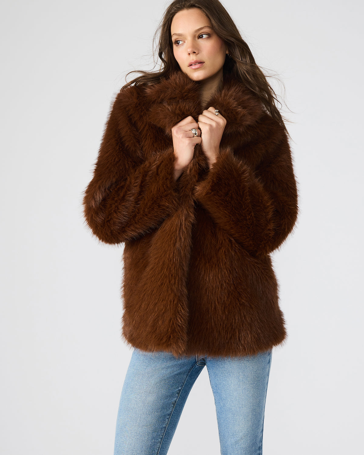 KINDRA Brown Faux Fur Collared Women's Coat Steve Madden BROWN