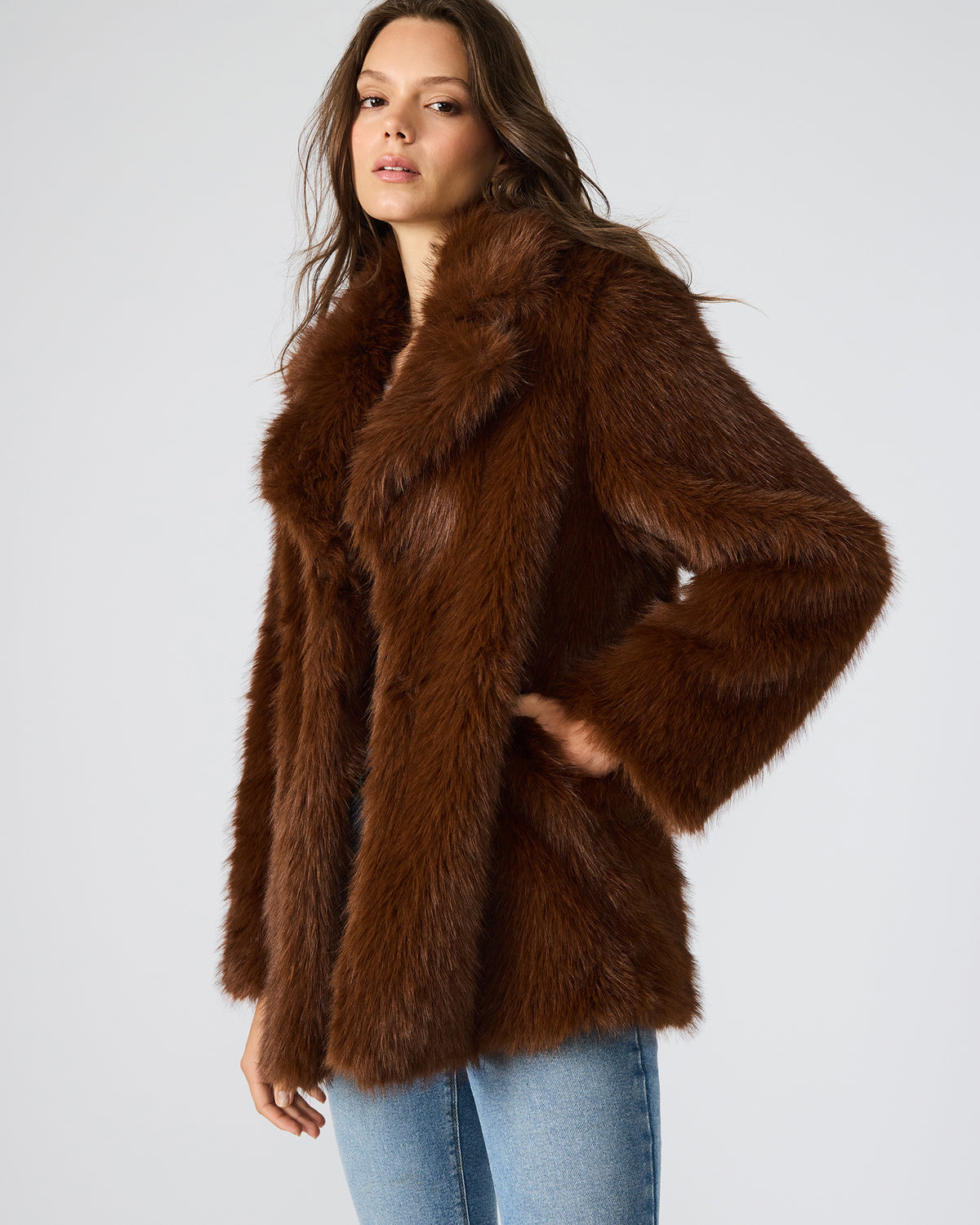 KINDRA Brown Faux Fur Collared Women's Coat Steve Madden BROWN