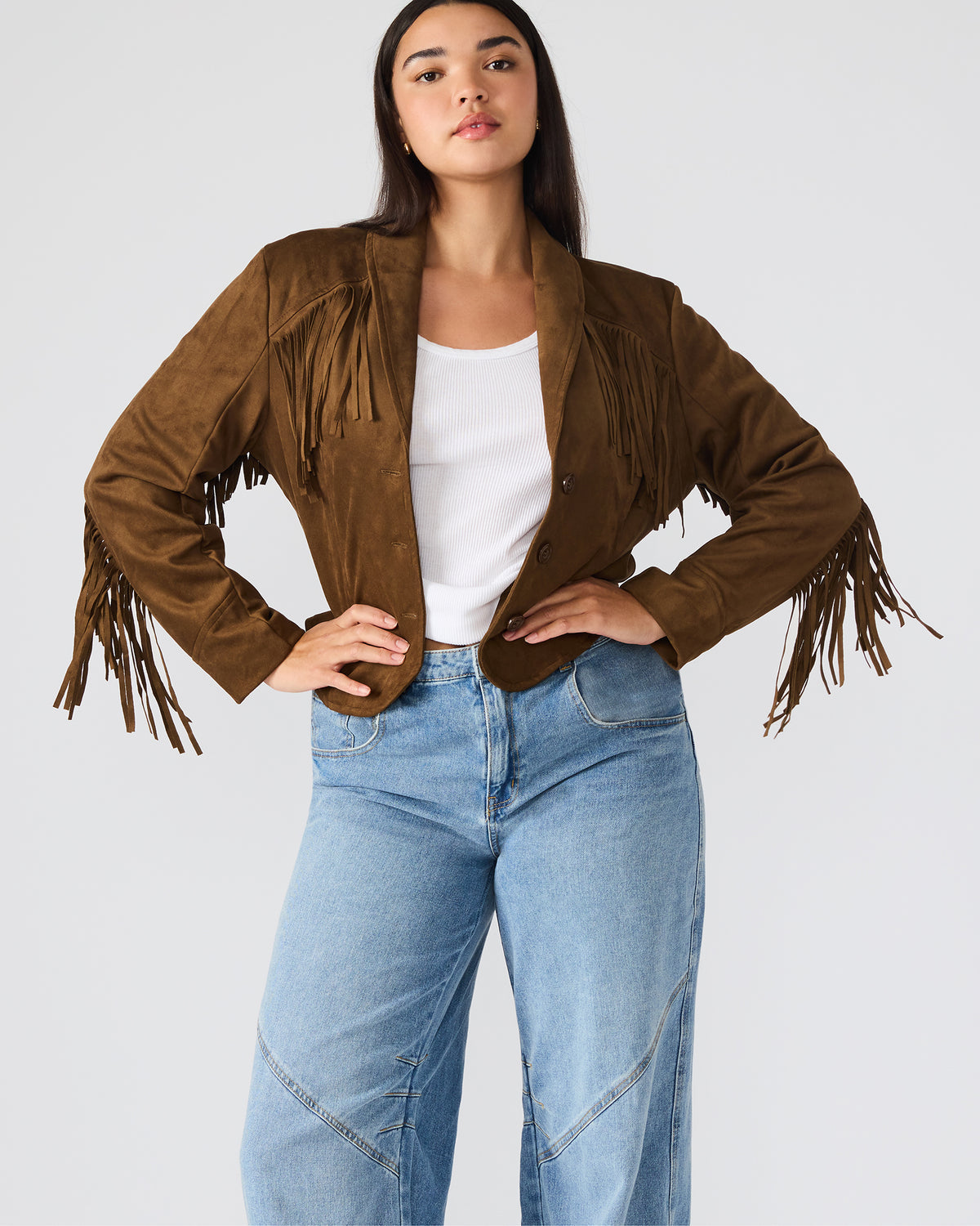 DALLAS Chestnut Long-Sleeved Button-Up Fringe Women's Jacket Steve Madden CHESTNUT