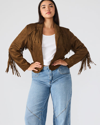 DALLAS Chestnut Long-Sleeved Button-Up Fringe Women's Jacket Steve Madden CHESTNUT
