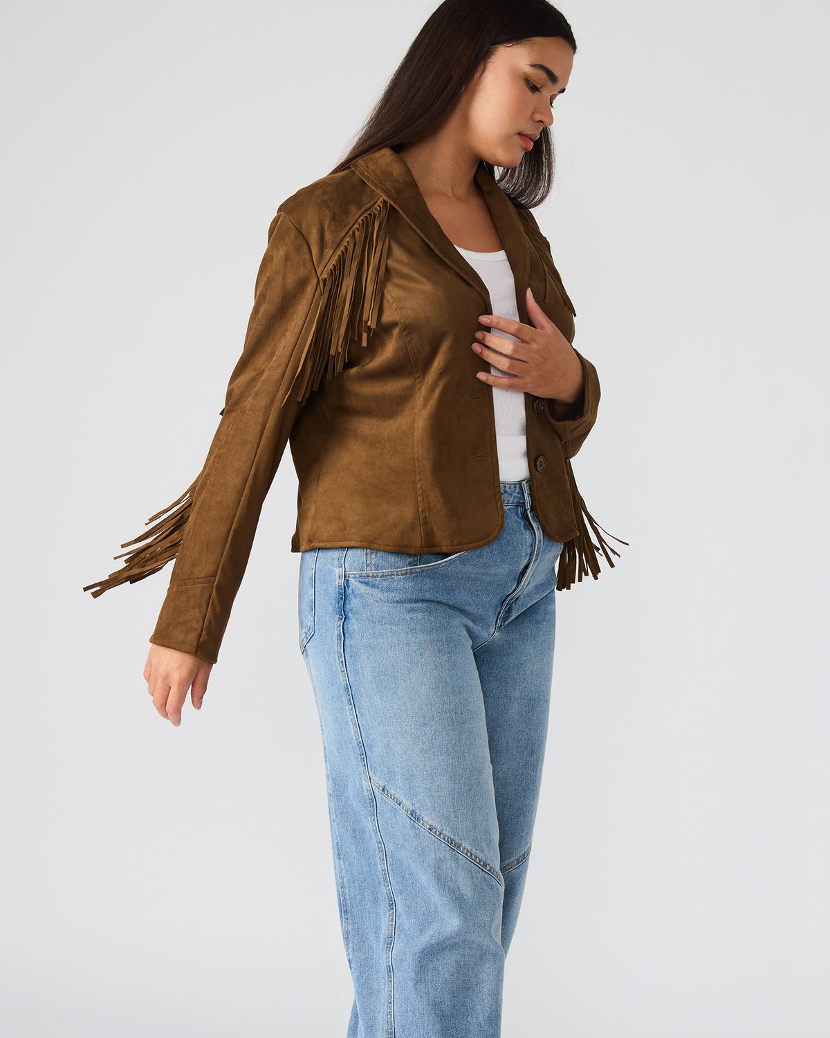 DALLAS Chestnut Long-Sleeved Button-Up Fringe Women's Jacket Steve Madden CHESTNUT