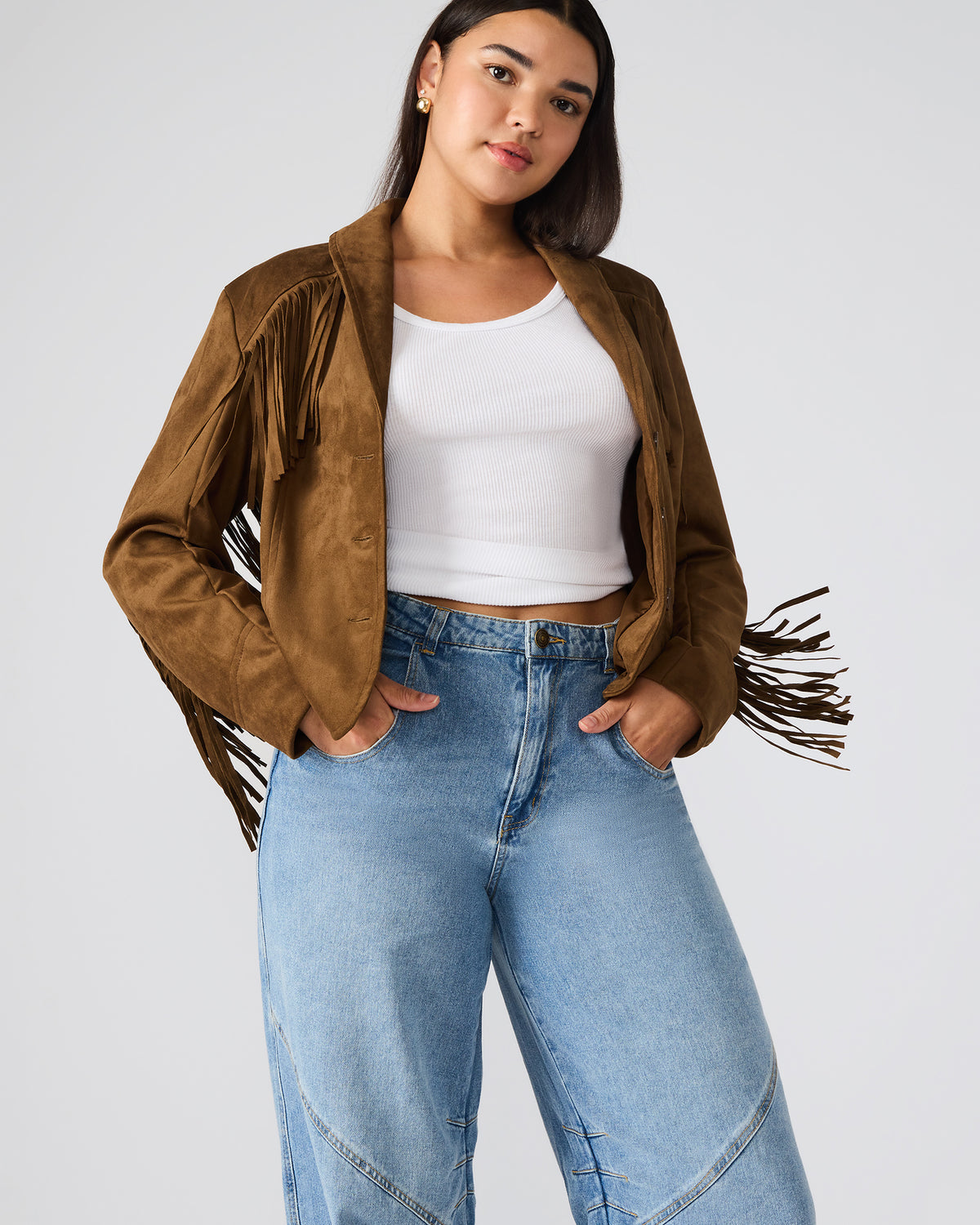DALLAS Chestnut Long-Sleeved Button-Up Fringe Women's Jacket Steve Madden CHESTNUT