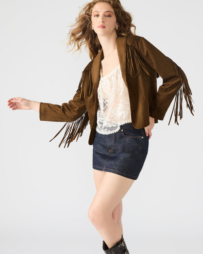 DALLAS Chestnut Long-Sleeved Button-Up Fringe Women's Jacket Steve Madden CHESTNUT