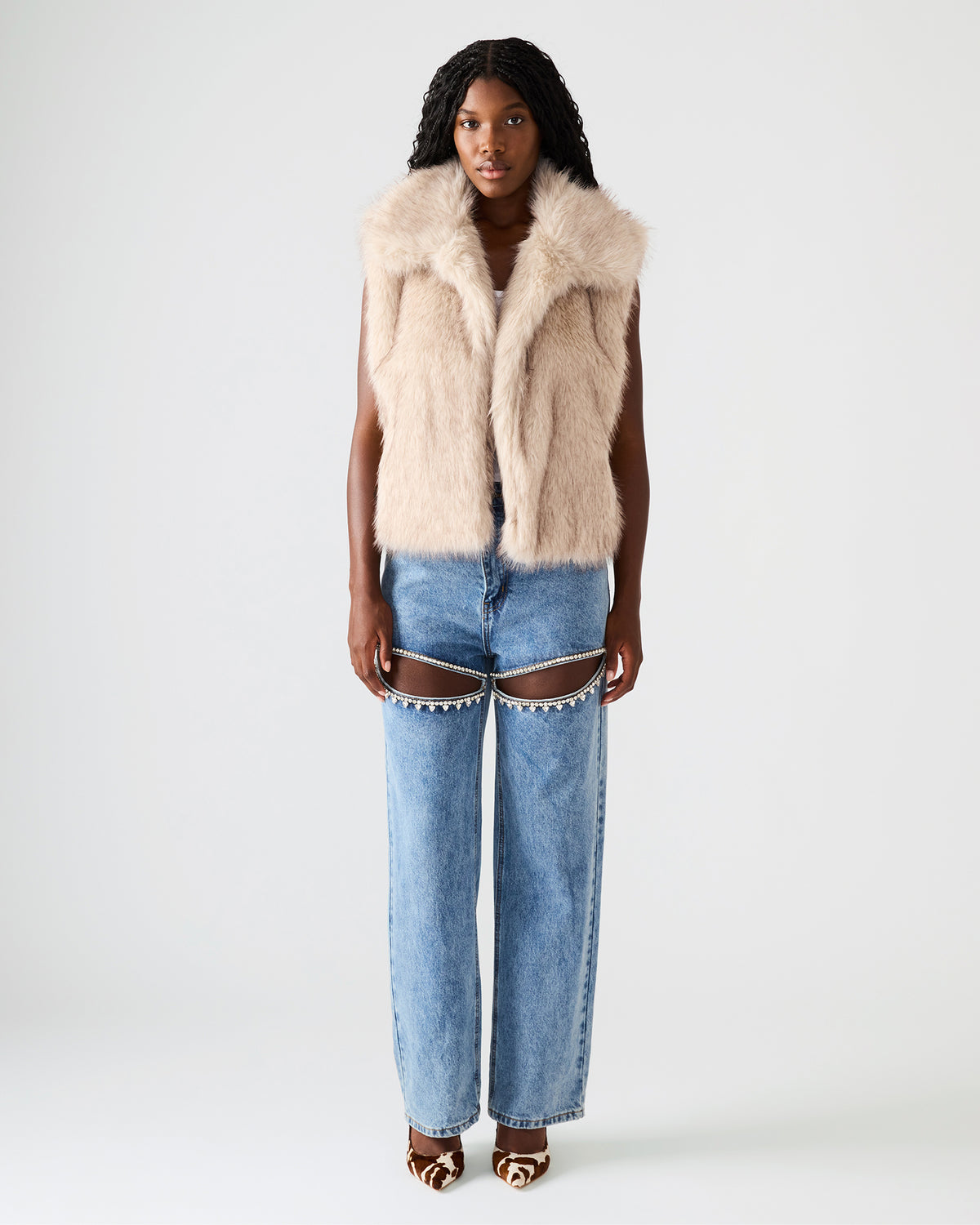SAFIRA Natural Faux Fur Sleeveless Collared Women's Vest Steve Madden NATURAL