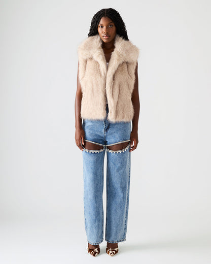 SAFIRA Natural Faux Fur Sleeveless Collared Women's Vest Steve Madden NATURAL