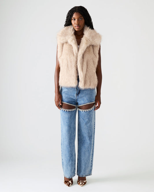SAFIRA Natural Faux Fur Sleeveless Collared Women's Vest Steve Madden NATURAL