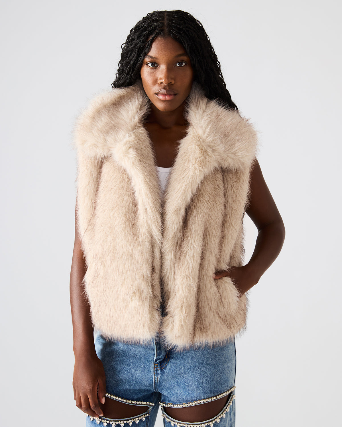SAFIRA Natural Faux Fur Sleeveless Collared Women's Vest Steve Madden NATURAL
