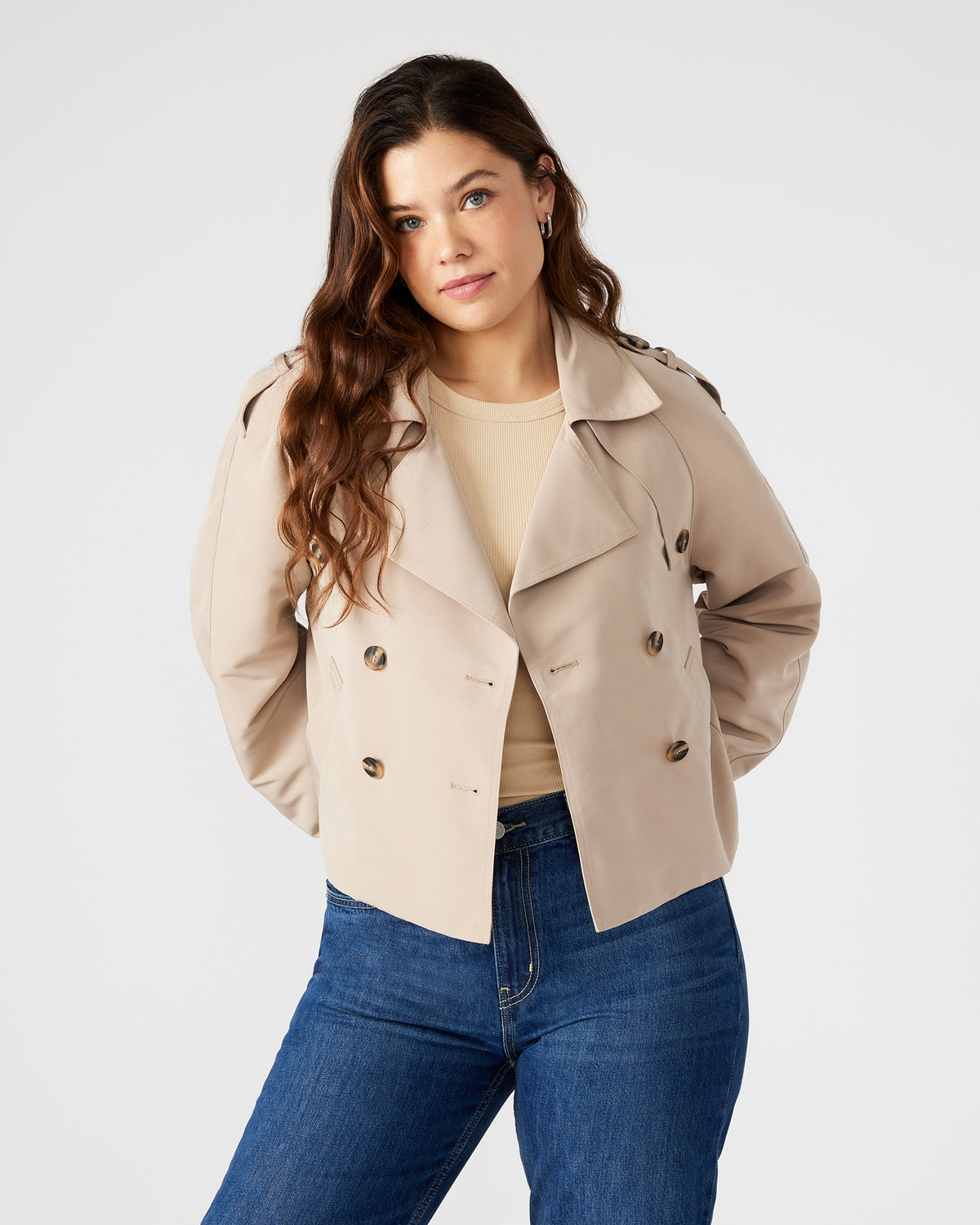 SIRUS Khaki Women's Cropped Denim Trench Coat Steve Madden KHAKI FAB