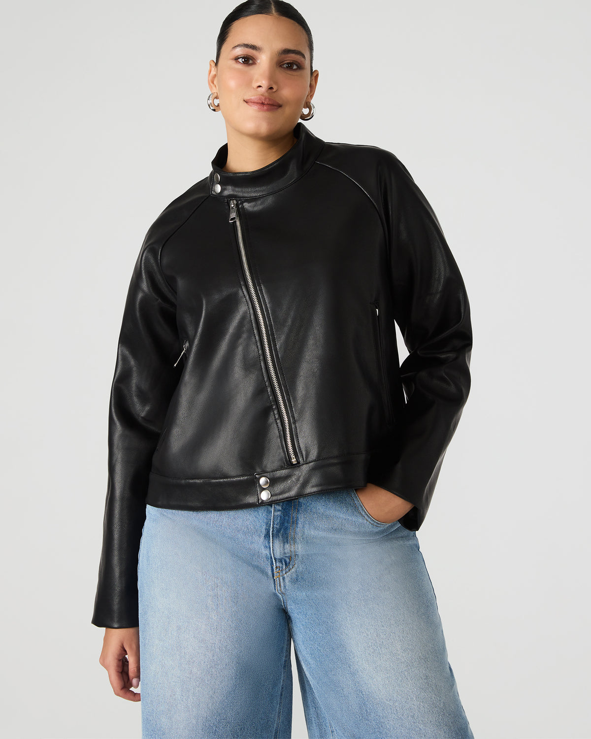 JETT Black Long-Sleeved Faux Leather Zip-Up Women's Jacket Steve Madden BLACK
