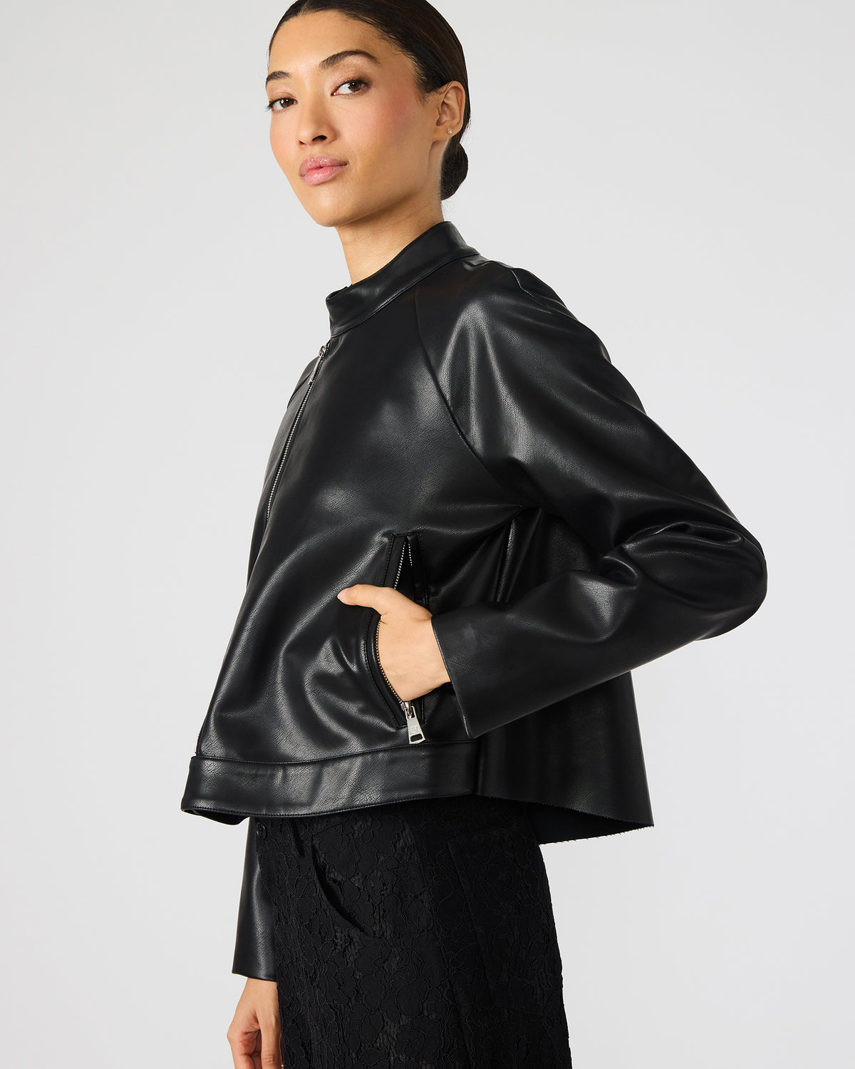 JETT Black Long-Sleeved Faux Leather Zip-Up Women's Jacket Steve Madden BLACK