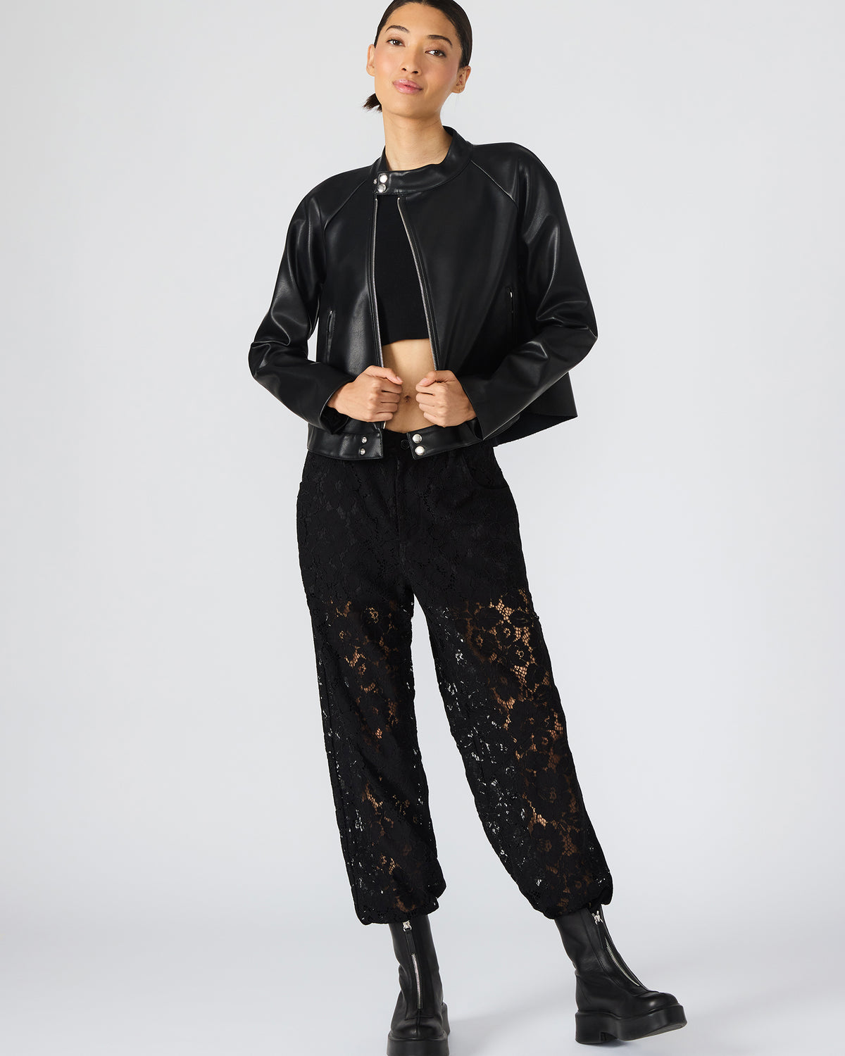 JETT Black Long-Sleeved Faux Leather Zip-Up Women's Jacket Steve Madden BLACK