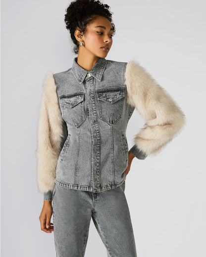 PARKER Fog Faux Fur Long-Sleeved Button-Up Denim Women's Jacket Steve Madden FOG