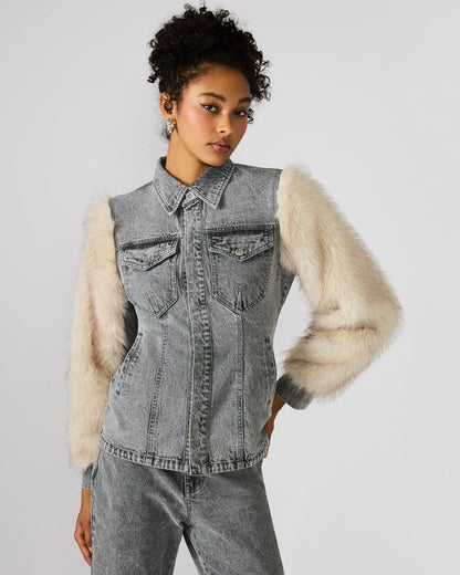 PARKER Fog Faux Fur Long-Sleeved Button-Up Denim Women's Jacket Steve Madden FOG