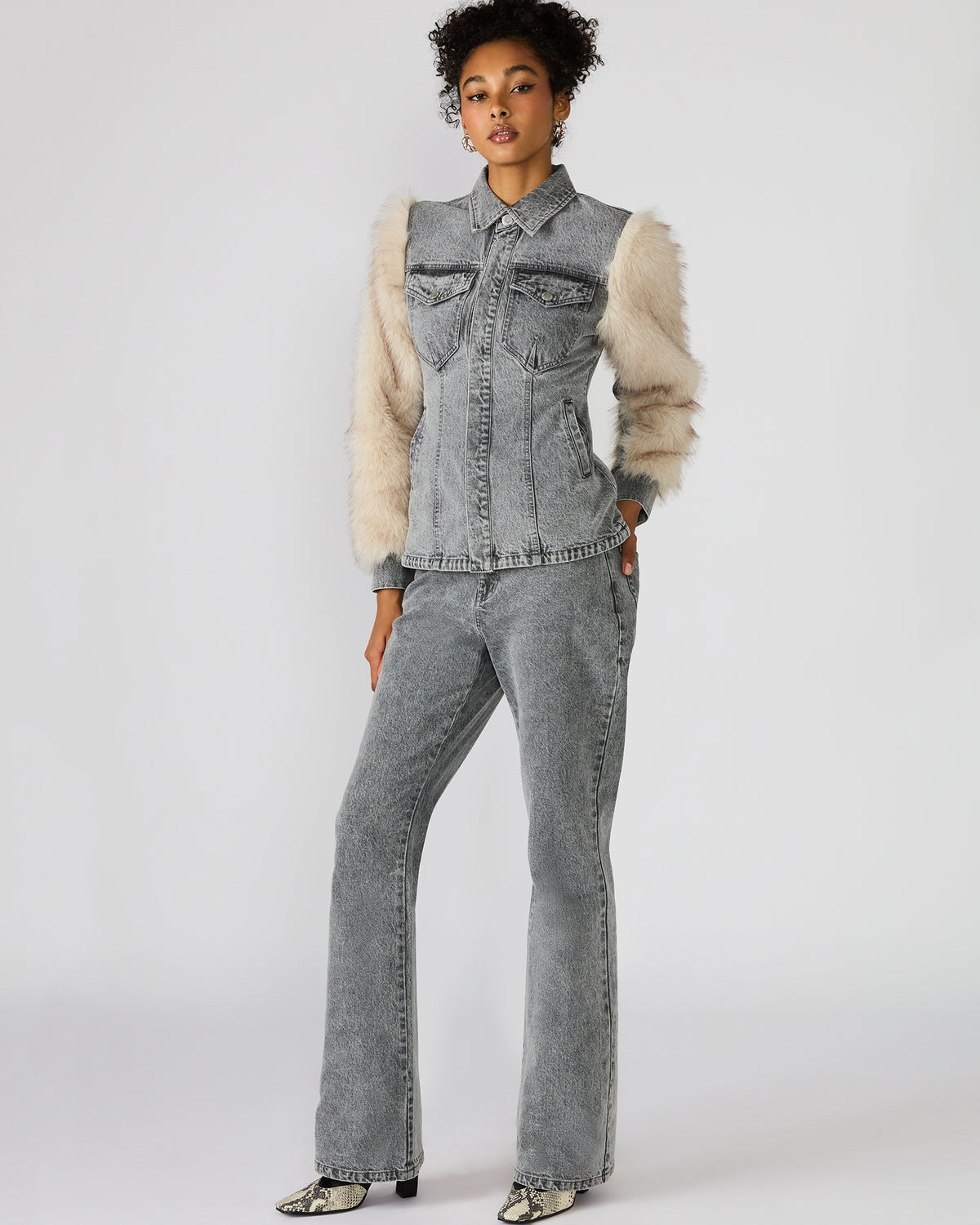 PARKER Fog Faux Fur Long-Sleeved Button-Up Denim Women's Jacket Steve Madden FOG
