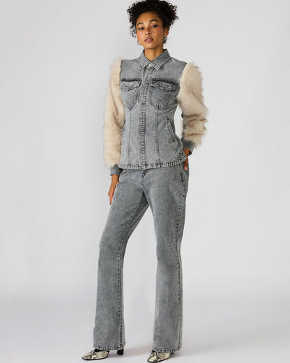 PARKER Fog Faux Fur Long-Sleeved Button-Up Denim Women's Jacket Steve Madden FOG