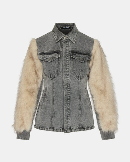 PARKER Fog Faux Fur Long-Sleeved Button-Up Denim Women's Jacket Steve Madden FOG