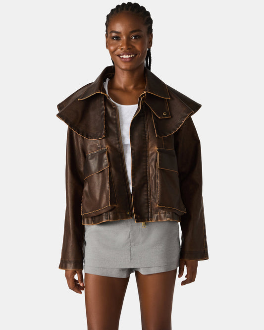 VARVARA Chocolate Long-Sleevd Faux Leather Women's Jacket Steve Madden CHOCOLATE
