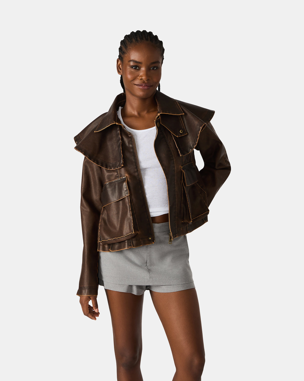 VARVARA Chocolate Long-Sleevd Faux Leather Women's Jacket Steve Madden CHOCOLATE