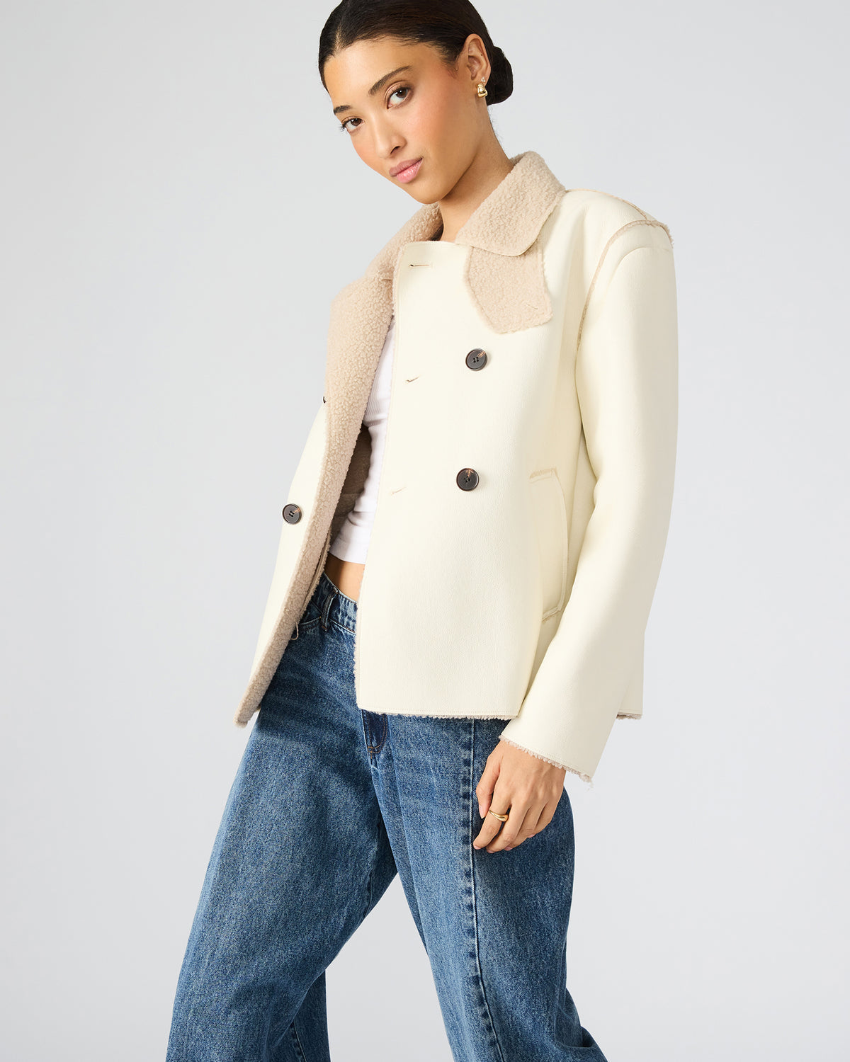 LIV Cream Button-Up Long-Sleeved Collared Women's Coat Steve Madden CREAM