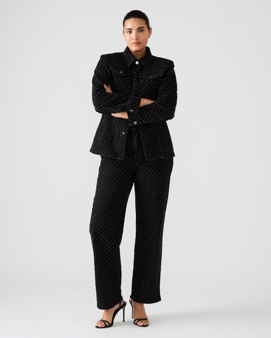 PARC Black Crystal Rhinestone Embellished Long-Sleeved Button-Up Denim Women's Jacket Steve Madden BLACK
