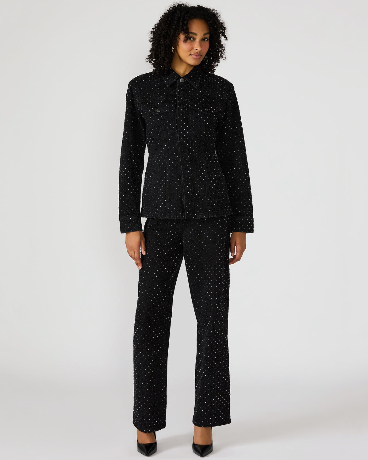 PARC Black Crystal Rhinestone Embellished Long-Sleeved Button-Up Denim Women's Jacket Steve Madden BLACK