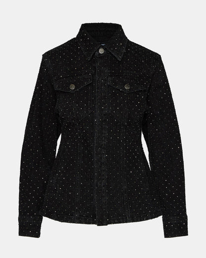PARC Black Crystal Rhinestone Embellished Long-Sleeved Button-Up Denim Women's Jacket Steve Madden BLACK