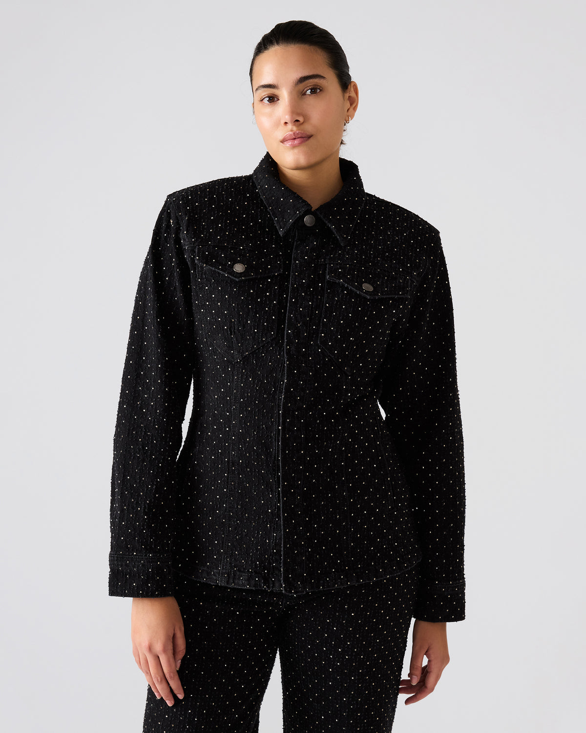 PARC Black Crystal Rhinestone Embellished Long-Sleeved Button-Up Denim Women's Jacket Steve Madden BLACK